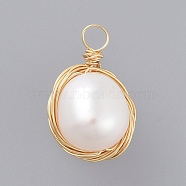 Natural Baroque Pearl Keshi Pearl, Cultured Freshwater Pearl Pendants, with Real 18K Gold Plated Copper Wire, Oval, Seashell Color, 17~22x11mm, Hole: 2.5mm(X-PALLOY-JF00409)