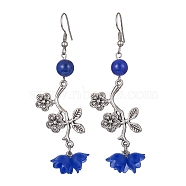 Natural Dyed Mashan Jade Flower with Acrylic Beaded Dangle Earrings, 304 Stainless Steel Long Drop Earrings, Dark Blue, 73x22mm(EJEW-JE05419-03)