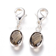 Glass Pendants, with Brass, Faceted, Oval, Silver Color Plated, Coffee, 22.5mm(X-HJEW-G012-02S-03)