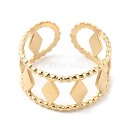 304 Stainless Steel Hollow Rhombus Open Cuff Rings, Real 14K Gold Plated, Inner Diameter: 17mm(RJEW-D002-20G)