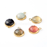 Handmade Natural Mixed Gemstone Pendants, with Golden 304 Stainless Steel Settings, Faceted, Half Round, 14.5x11.8x5mm, Hole: 1.8mm(PALLOY-JF00791)