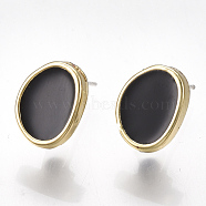 Alloy Stud Earring Findings, with Raw(Unplated) Pins, Enamel and Loop, Oval, Light Gold, Black, 11.5x9mm, Hole: 3mm, Pin: 0.7mm(PALLOY-S177-36A)