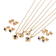 Vacuum Plating Rhinestone Stud Earrings and Pendant Necklaces Sets, with 304 Stainless Steel Findings, Heart, Golden, Mixed Color, 16.73~17.52 inch(42.5~44.5cm), 7mm, Pin: 0.7mm(STAS-C028-02G)
