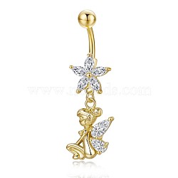 Piercing Jewelry, Brass Cubic Zirciona Navel Ring, Belly Rings, with 304 Stainless Steel Bar, Lead Free & Cadmium Free, Heart and Elf, Clear, 40mm, Pendant: 18x12mm, Bar: 14 Gauge(1.6mm), Bar Length: 3/8"(10mm)(AJEW-EE0006-69A-G)
