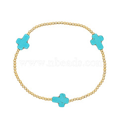 Cross Synthetic Turquoise & Round Brass Beaded Stretch Bracelets for Women Men, Golden(ZA8941)