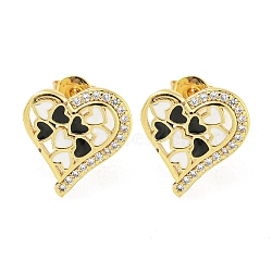 Heart Real 18K Gold Plated Brass Stud Earrings, with Enamel and Cubic Zirconia, Black, 13.5x12.5mm(EJEW-L269-106G-01)