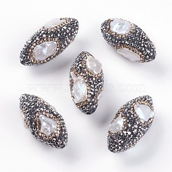 Polymer Clay Rhinestone Beads, Grade A, with Natural Pearls, Oval, Hematite, 26~34x15~17.5mm, Hole: 1mm(RB-F024-14)