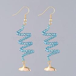 Dangle Earrings, with Glass Beads, Golden Plated Brass Earring Hooks Findings & Fishtail  Shape Charms, Cardboard Boxes, Sky Blue, 80mm, Pin: 0.7mm(EJEW-JE03808-03)