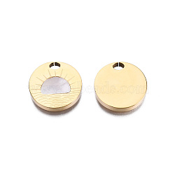 316 Surgical Stainless Steel Pendants, with Shell, Real 14K Gold Plated, Flat Round, Seashell Color, 18.5x3mm, Hole: 3.5x2.5mm(STAS-N097-042B-01)