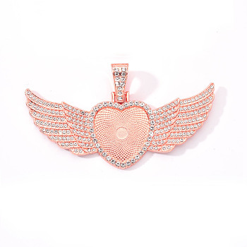 Alloy Pendant Cabochon Settings, with Crystal Rhinestone, Cadmium Free & Lead Free, Heart with Wing, Rose Gold, Tray: 23x25mm, 38.5x88x5mm, Hole: 16x6mm