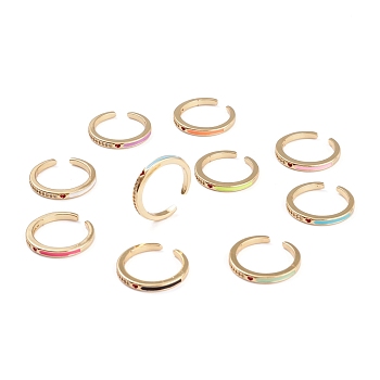 Brass Clear Cubic Zirconia Cuff Rings, Open Rings, Long-Lasting Plated, with Enamel, Real 18K Gold Plated, Heart, Mixed Color, 2.5mm, Inner Diameter: 17.8mm