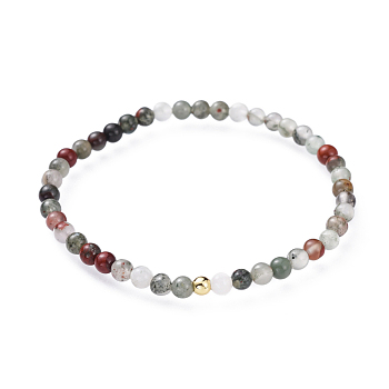 Natural Bloodstone Stretch Bracelets, with Brass Beads, Round, Golden, 2-1/8 inch(5.3cm)