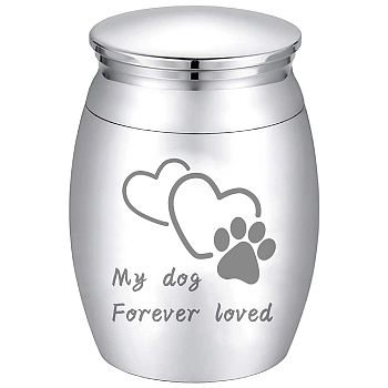Stainless Steel Cremation Urn, for Commemorate Kinsfolk Cremains Container, Column, with Velvet Pouch and Silver Polishing Cloth, Paw Print, 40.5x30mm