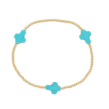 Cross Synthetic Turquoise & Round Brass Beaded Stretch Bracelets for Women Men, Golden