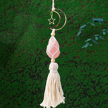 Handmade Macrame Cotton with Natural Rose Quartz Pendant Decorations, Moon with Star for Interior Car View Mirror Hanging Ornament, 420~430mm