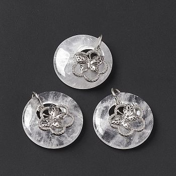 Natural Quartz Crystal Pendants, Rock Crystal Pendants, Flat Round Charms, with Platinum Tone Brass Flower with Butterfly Findings, Cadmium Free & Nickel Free & Lead Free, 30~35x28~32x10~10.5mm, Hole: 2mm