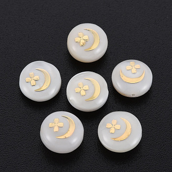 Natural Freshwater Shell Beads, with Golden Plated Brass Metal Embellishments, Flat Round with Moon & Flower, Seashell Color, 8x3.5mm, Hole: 0.7mm