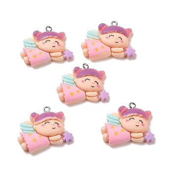 Opaque Resin Pendants, with Platinum Tone Iron Loops, Fairy, PeachPuff, 23.5x30x7mm, Hole: 2mm