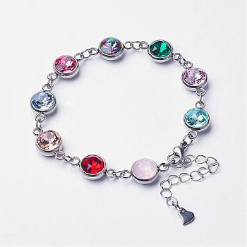 304 Stainless Steel Glass Link Bracelets, with Lobster Claw Clasps, Colorful, 7-1/2 inch(190mm)