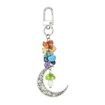 Moon Alloy Pendant Decoraiton, with Gemstone Chip Beads and Mushroom Handmade Lampwork Beads, Alloy Swivel Clasps, Chakra, Yellow Green, 103mm