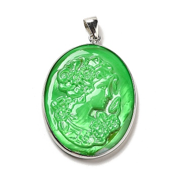 Dyed Natural White Shell Cameo Woman Pendants, Brass Oval Charms with Platinum Plated Iron Snap on Bails, Lime, 44x31.5x4mm, Hole: 7x4mm