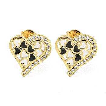 Heart Real 18K Gold Plated Brass Stud Earrings, with Enamel and Cubic Zirconia, Black, 13.5x12.5mm