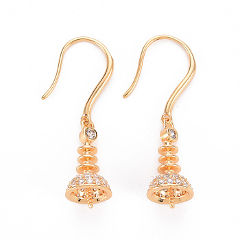 Brass Micro Pave Clear Cubic Zirconia Earring Hooks, for Half Drilled Bead, Nickel Free, Real 18K Gold Plated, 34x8.5mm, Pin: 0.8mm, Pin: 1mm(for Half Drilled Bead)