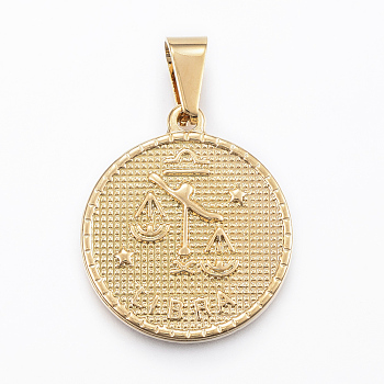Real 18K Gold Plated 304 Stainless Steel Pendants, Flat Round with Twelve Constellation/Zodiac Sign, Libra, 29x25x3.2mm, Hole: 9x4.5mm