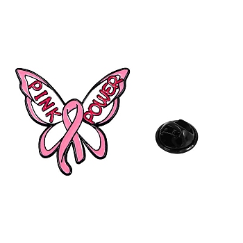 October Breast Cancer Pink Power Awareness Ribbon Brooch, Black Alloy Enamel Pins, Fashion Badge for Women's Clothes Backpack, Butterfly, 30x30mm