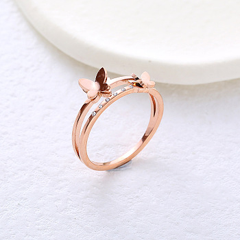 304 Stainless Steel with Rhinestone Finger Rings for Women, Butterfly, US Size 8(18.1mm)