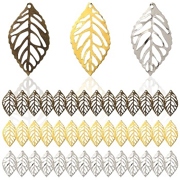 75Pcs 3 Colors Leaf Iron Pendants, Filigree Pendants, Etched Metal Embellishments, Mixed Color, 23~23.5x13~14x0.3~0.4mm, Hole: 0.5~1mm, 25pcs/color