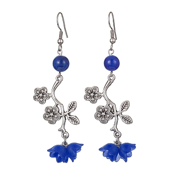Natural Dyed Mashan Jade Flower with Acrylic Beaded Dangle Earrings, 304 Stainless Steel Long Drop Earrings, Dark Blue, 73x22mm