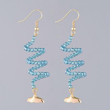 Dangle Earrings, with Glass Beads, Golden Plated Brass Earring Hooks Findings & Fishtail  Shape Charms, Cardboard Boxes, Sky Blue, 80mm, Pin: 0.7mm