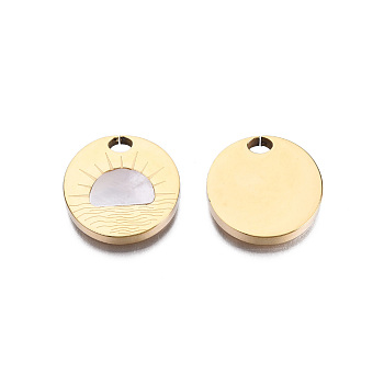 316 Surgical Stainless Steel Pendants, with Shell, Real 14K Gold Plated, Flat Round, Seashell Color, 18.5x3mm, Hole: 3.5x2.5mm