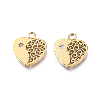 Ion Plating(IP) 304 Stainless Steel Charms, Manual Polishing, with Crystal Rhinestone, Heart, Golden, 12.5x11x1.5mm, Hole: 1.8mm