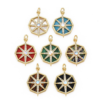 Brass Micro Pave Clear Cubic Zirconia Pendants, with Glass, Shell & Synthetic Stone & Acrylic and Jump Ring, Real 16K Gold Plated, Octagon with Star, Nickel Free, Mixed Color, 24x18x4~5mm, Jump Ring: 5x1mm, 3mm inner diameter