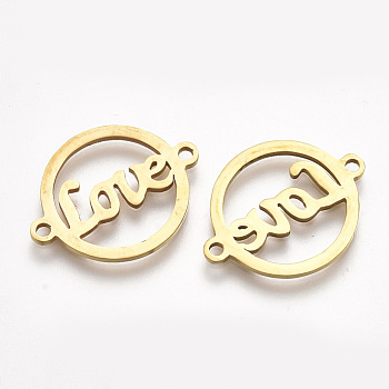 201 Stainless Steel Links connectors, Laser Cut Links, Flat Round with Word Love, Golden, 15x19.5x1mm, Hole: 1.5mm