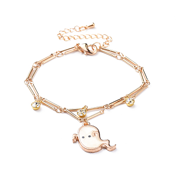 Brass Multi-strand Charm Bracelets, with Alloy Enamel Pendants and Brass Rhinestone Findings, Halloween Ghost, Real 18K Gold Plated, White, 6-1/2 inch(16.5cm)