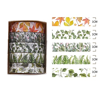 5 Rolls Forest Theme Paper Decorative Paper Tapes Set, Adhesive Tapes, for DIY Scrapbooking Supplie Gift Decoration, Leaf, 10x0.1mm, 2m/roll