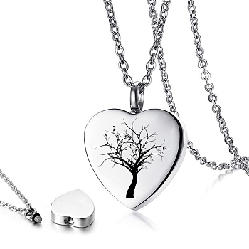 Stainless Steel Pendant Necklaces, Heart with Tree Urn Ashes Necklaces, Stainless Steel Color, 21.65 inch(55cm)