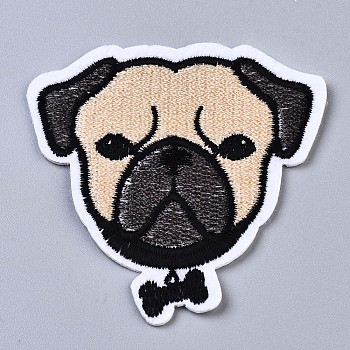Pug Dog Appliques, Computerized Embroidery Cloth Iron on/Sew on Patches, Costume Accessories, Bisque, 63x63x1mm