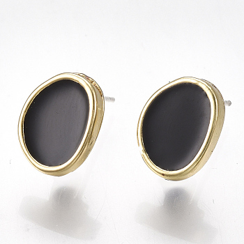 Alloy Stud Earring Findings, with Raw(Unplated) Pins, Enamel and Loop, Oval, Light Gold, Black, 11.5x9mm, Hole: 3mm, Pin: 0.7mm