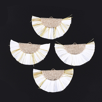Raffia Tassel Pendants, with Metallic Cords & Brass Findings, Fan Shaped, Golden, White, 27x45x3mm, Hole: 1x3mm