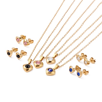 Vacuum Plating Rhinestone Stud Earrings and Pendant Necklaces Sets, with 304 Stainless Steel Findings, Heart, Golden, Mixed Color, 16.73~17.52 inch(42.5~44.5cm), 7mm, Pin: 0.7mm