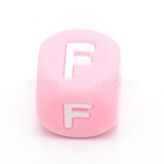 Silicone Alphabet Beads for Bracelet or Necklace Making, Letter Style, Pink Cube, Letter.F, 12x12x12mm, Hole: 3mm(SIL-TAC001-01B-F)