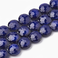 Opaque Solid Color Glass Beads Strands, Faceted, Flat Round, Indigo, 14x8mm, Hole: 1~1.2mm, about 25pcs/strand, 13.77 inch(35cm)(GLAA-N032-05F)
