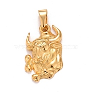 Ion Plating(IP) 304 Stainless Steel Pendants, Textured, Constellation/Zodiac Sign, Taurus, 32.5x20x4.2mm, Hole: 10x4.5mm(STAS-D165-14G-11)