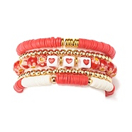 5Pcs 5 Style Polymer Clay Heishi Beaded Stretch Bracelets Set, Handmade Millefiori Lampwork Bracelets with Heart for Women, Red, Inner Diameter: 2-1/4 inch(5.7cm)(BJEW-JB07532-03)