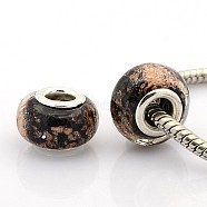 Handmade Lampwork Gold Sand Effect European Large Hole Rondelle Beads, with Silver Color Plated Brass Double Cores, Black, 14x9mm, Hole: 5mm(X-LPDL-M013-10)