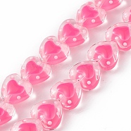 Handmade Lampwork Beads Strands, with Enamel, Heart, Hot Pink, 12x12.5x7mm, Hole: 1mm, about 30pcs/strand, 13.39 inch(34cm)(LAMP-F029-04D)